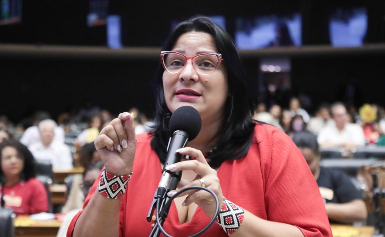 Deputado Juliana Cardoso fala ao microfone