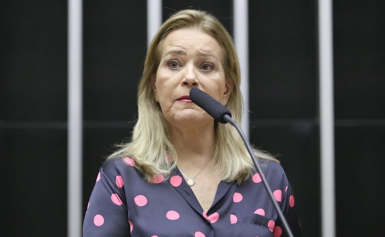 Deputada Lêda Borges fala ao microfone. Ela é clara, tem cabelos loiros, usa uma blusa azul-marinho com bolinhas rosa