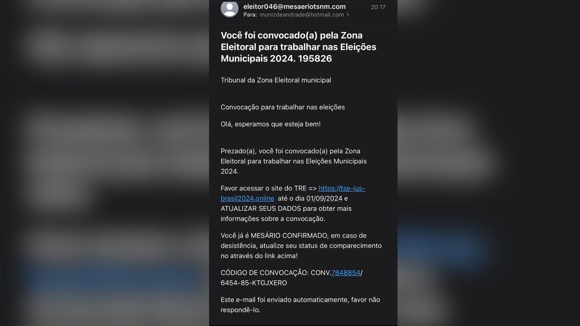 É falso e-mail sobre convocação como mesário que pede atualização de dados