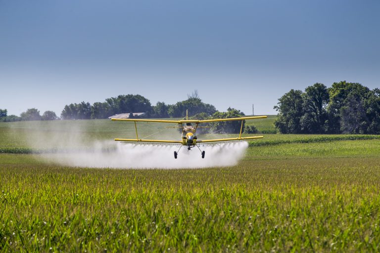 Avião pulverizando agrotóxico em plantação