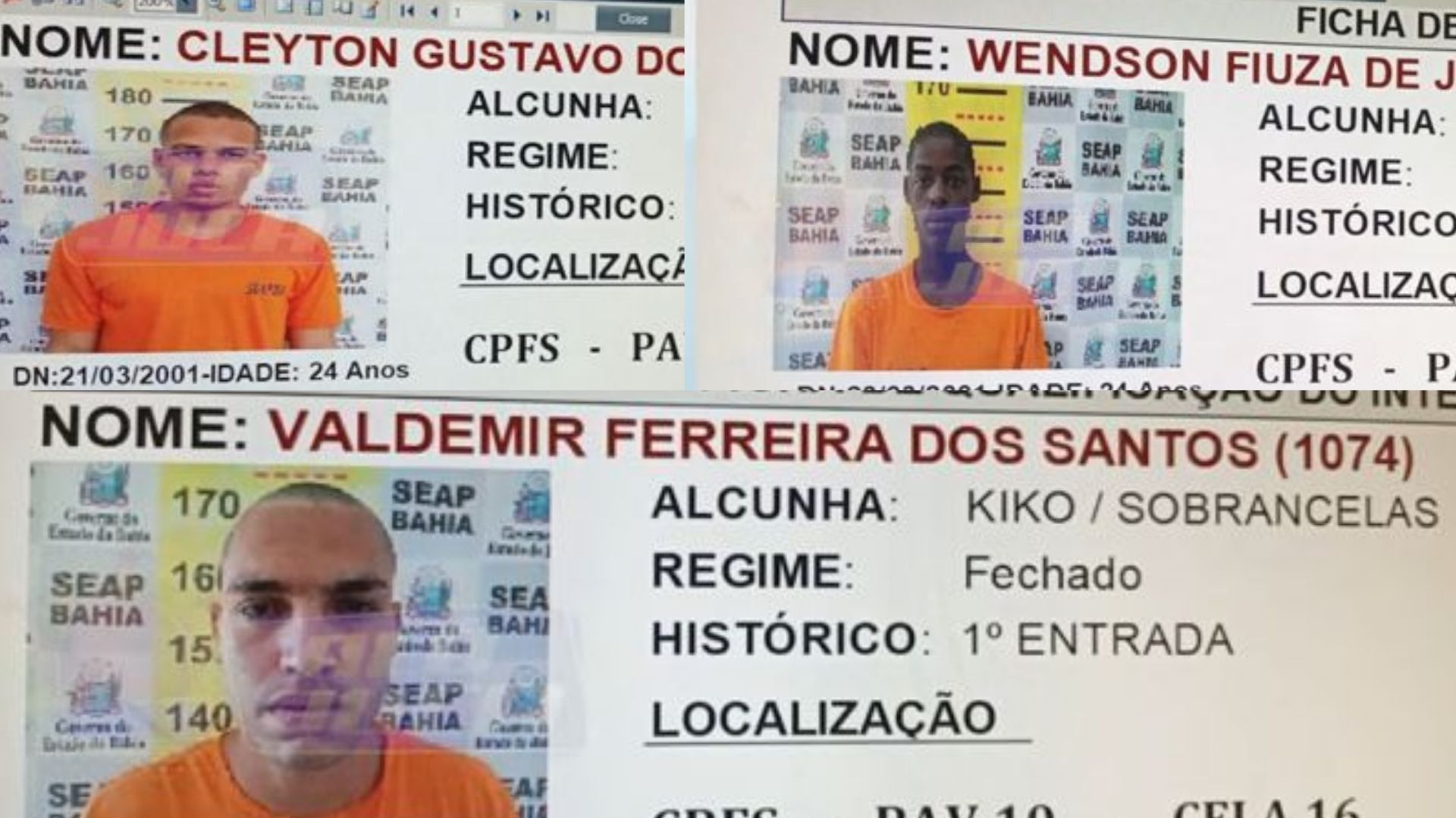 “Kiki”, “Bê” e “Bento” escapam do Conjunto Penal de Feira de Santana