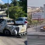 picape desgovernada em chamas desce ladeira em Eunápolis