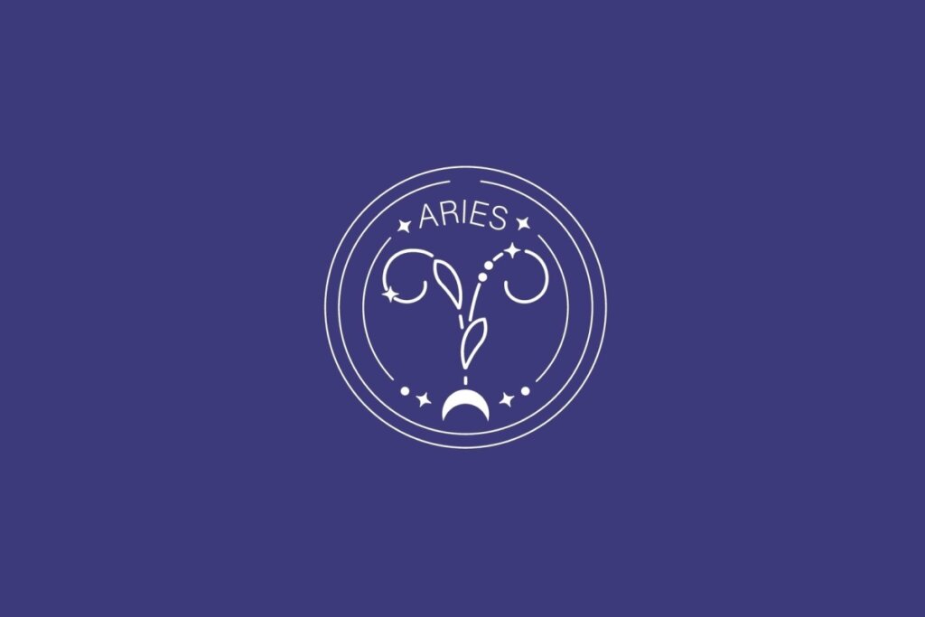 Ilustração do signo de Áries, com símbolo formado por linhas curvas que lembram chifres, em fundo escuro